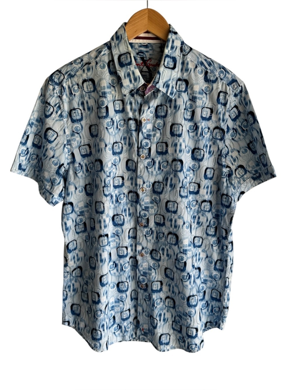 Robert Graham 100% Cotton Button Down Mens L Blue Short Sleeve Preppy Abstract